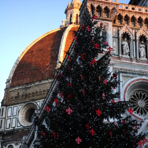 Christmas In Florence. Christmas Tree In Piazza Del Duomo With Cathedral Santa Maria Del Fiore On The Background. Italy